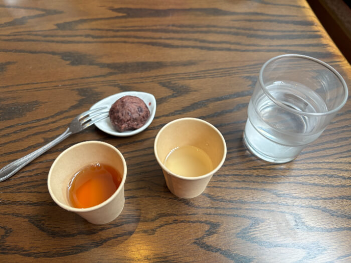 おはぎ、定山渓玉葱スープ、林檎酒